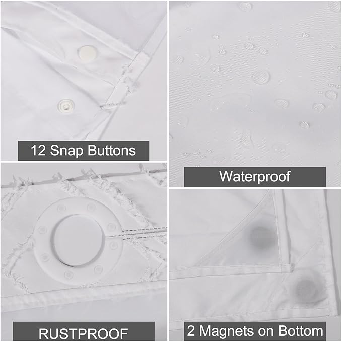 No Hook Shower Curtain Set with Snap in Liner, White Jacquard Tufted Geometric Bath Curtain, Boho Luxury Hotel Bathroom Decor, Waterproof Washable, 71 x 80 Inch