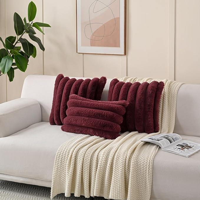 FUTEI Burgundy Decorative Throw Pillow Covers 22x22 Inch Set of 2, Square Soft Faux Rabbit Fur Big Striped Cushion Cover,Home Decor for Couch Sofa Bed Living Room