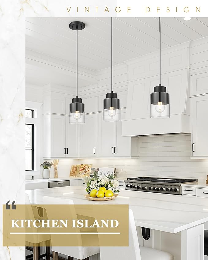 Black Pendant Lights Kitchen Island, Dual Shade Hanging Lights Fixtures with Metal and Clear Glass, Modern Kitchen Pendant Lighting Over Island for Dining Room, AD-24022-1P-BK