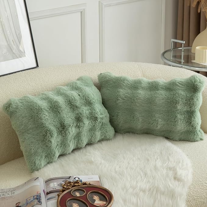 MANDIOO Pack of 2 Thick Plush Wool Decorative Throw Pillow Covers Super Soft Wave Bubble Fur Velvet Cushion Covers Pillow Shams for Couch Bed Living Room 12x20 Inch Sage Green