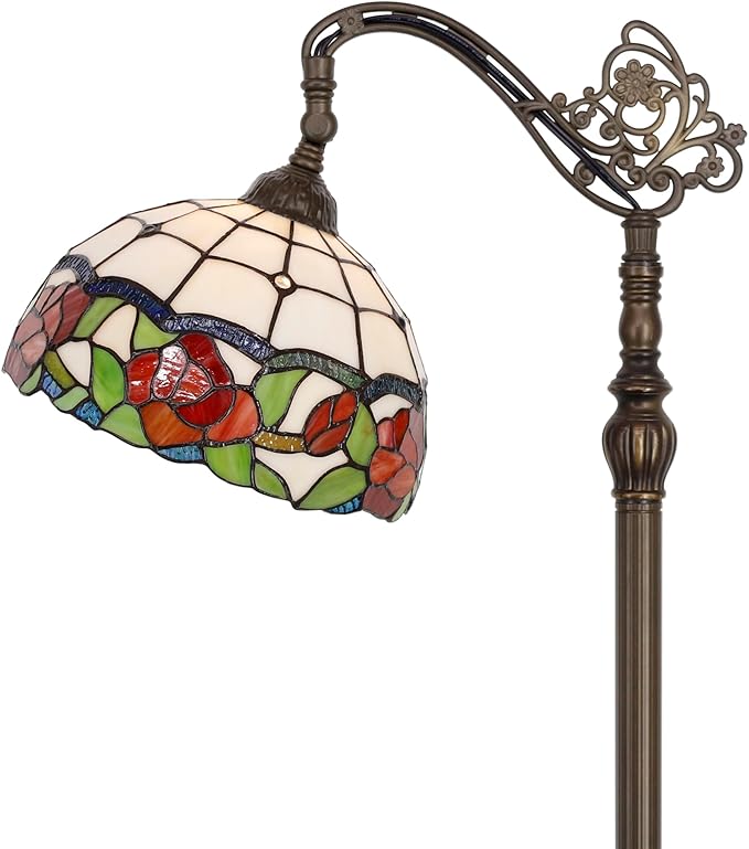 Tiffany Floor Lamp Stained Glass Rose Flower Style Arched Reading Light Gooseneck Adjustable Corner Standing Lamp 12X16X66 Inch for Bedroom Living Room Home Office