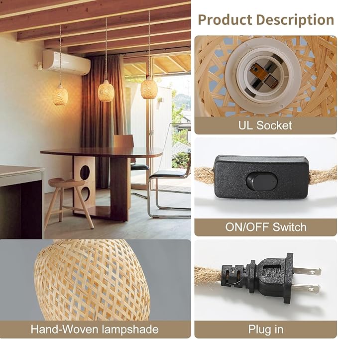 3-Light Bamboo Plug in Pendant Light with Switch, Boho Hanging Lights, 15ft Hand Woven Cord, for Bedroom Kitchen Island Farmhouse, ETL Listed