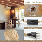 3-Light Bamboo Plug in Pendant Light with Switch, Boho Hanging Lights, 15ft Hand Woven Cord, for Bedroom Kitchen Island Farmhouse, ETL Listed