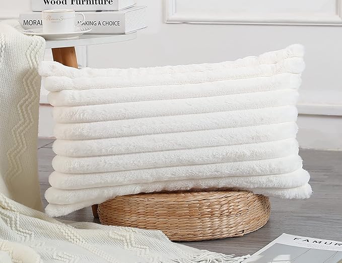 PANOD Faux Fur Decorative Lumbar Throw Pillow Covers 12 x 24,Long Boho Lumbar Pillow Covers Pillow Case Cushion Case for Couch Bed Sofa Farmhouse Livingroom,White
