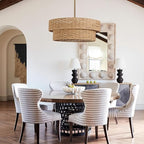 22.8in Woven Rattan Lighting Fixture, Large Boho Coastal Pendant Lights, 2-Tier Rope Chandelier with Fabric Shade for Kitchen Island, Dining Room, Bedroom, Restaurant, Hallway