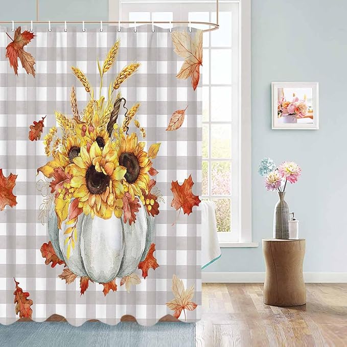 Vandarllin Fall Pumpkins Leaves Shower Curtain, Thanksgiving Shower Curtains Set with Hooks, Rustic Farmhouse Gray Buffalo Plaid Waterproof Fabric Bathroom Decor Home Accessories,Stall 36 X 72 Inch