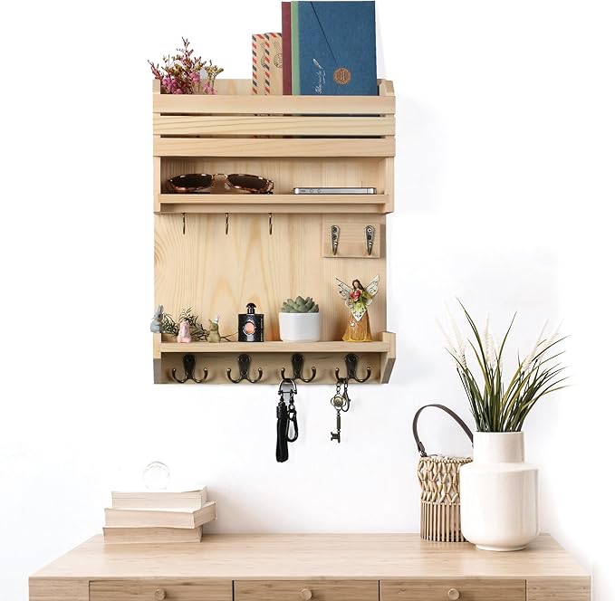 Key Holder, Wall Mounted Mail Organizer, Keys Holder on Wall with 9 Key Hooks, Natural Color