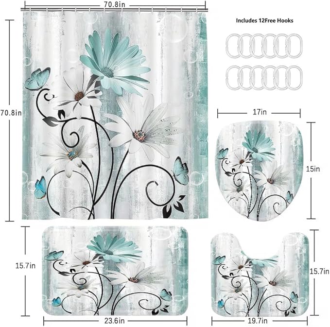 Rustic Farmhouse Shower Curtain Set, Butterfly Design and Teal Daisy Floral Flowers, Turquoise, Bath Mat, Toilet Lid Cover, U Shaped Rugs, 12 Hooks, 70.8 x 70.8 Inches,Waterproof.