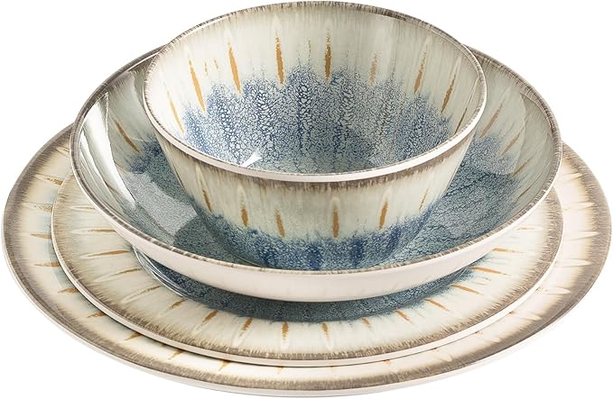 MissYip Melamine Dinnerware Set, 16 Piece for 4, Unbreakable Kitchen Plastic Plates and Bowls set, Indoor and Outdoor Use Tableware, BPA Free, Dishwasher Safe, Not Microwave, Not Oven(Blue)