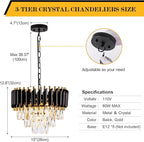 3-Tier Black Gold Crystal Chandelier 5-Light 15’’ Modern Crystal Pendant Chandelier Ceiling Light Fixture Hanging Lighting for Kitchen Island Dining Room Foyer Entryway Bedroom