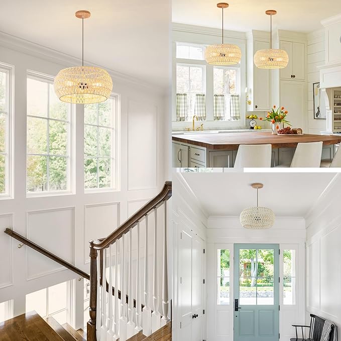 Boho Pendant Light,Dinning Room Light Fixture Rattan Chandelier Cream White Hanging Light Ceiling Mount Hand Woven Lamp Shade Bohemian Drum Chandelier Basket Light for Bedroom Kitchen Island Hallway