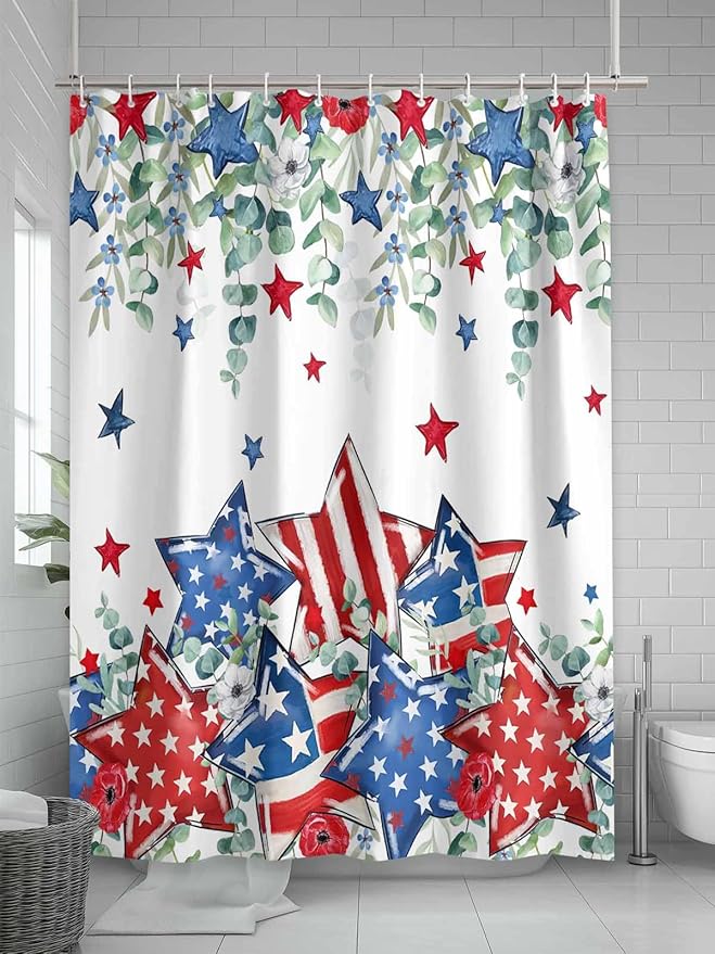 4th of July Shower Curtain, Patriotic Stars Stripes Shower Curtains Set with Hooks, Eucalyptus Leaves Independence Day Waterproof Fabric Bathroom Curtains Decor Home Accessories,72 X 78 Inch Long