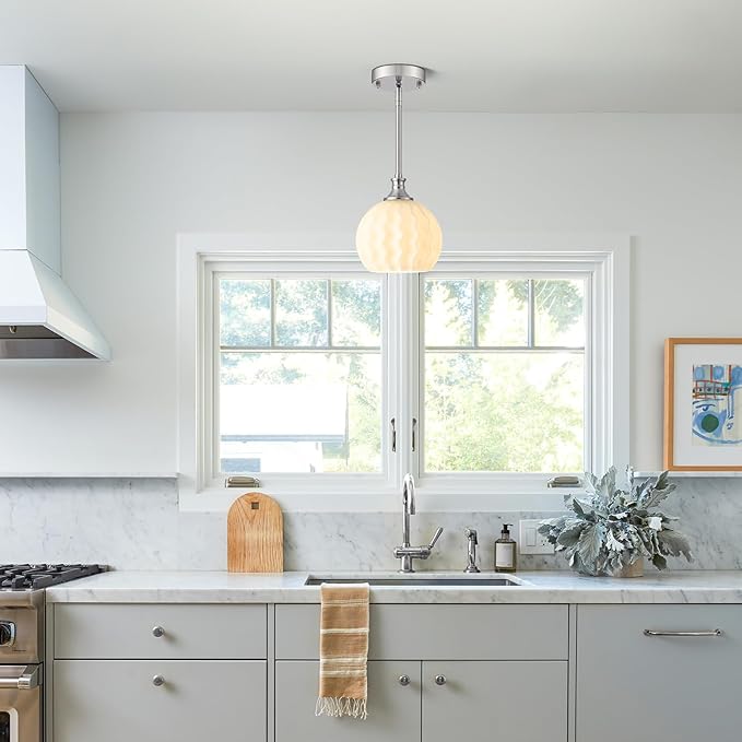 Brushed Nickel Pendant Lights Kitchen Island, 1-Light 7.3" Modern Milk Glass Pendant Light Fixtures with Rods, Globe Hanging Lighting for Kitchen Sink Bathroom Dining Room, E26 Base