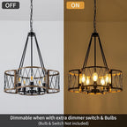 20.8'' Farmhouse Chandeliers for Dining Room, 5-Light Rustic Chandelier Wood Grain Metal Round Hanging Light Fixture, Vintage Drum Pendant Lights for Living Room, Bedroom, Kitchen, Entryway