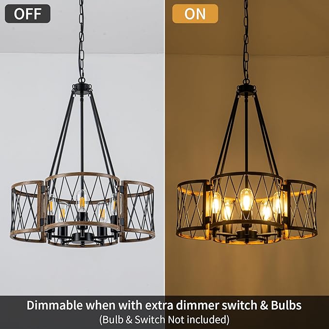 20.8'' Farmhouse Chandeliers for Dining Room, 5-Light Rustic Chandelier Wood Grain Metal Round Hanging Light Fixture, Vintage Drum Pendant Lights for Living Room, Bedroom, Kitchen, Entryway