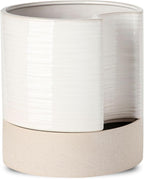 Nihow Self Watering Plant Pot: 8 Inch Ceramic Planter with Drainage Hole & Water Storage Plus for Indoor & Outdoor Plants - Cylinder Round Flower Pot for Succulent/Herbs/Violets - Cream White & Brown