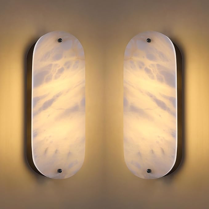 2 Pack 2 Light Oval 14" Alabaster Marble Bathroom Wall Sconce Modern Concise Style Wall Light Fixture,Dark Gray Finish for Bedroom Hallway Bedside