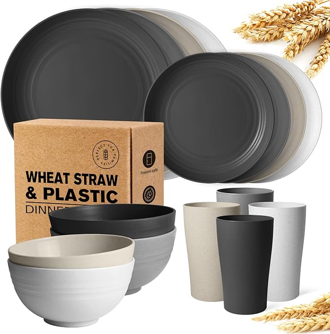 Teivio 16-Piece Kitchen Plastic Wheat Straw Dinnerware Set, Service for 4, Dinner Plates, Dessert Plate, Cereal Bowls, Cups, Unbreakable Plastic Outdoor Camping Dishes, Stone