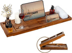 Teak Bathtub Tray - Luxury Bath Tray with Expandable Handles, Wine Glass and Phone Holders, Book Stand - Perfect for Home Spa Relaxation and Reading - Natural Bath Accessories - Light Walnut Color