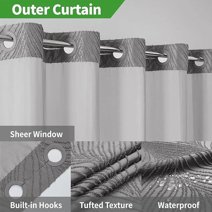 no Hook Shower Curtain and Liner Set，Boho Style with See Through Top Window, Grey Fabric Tufted Striped Textured Outer Curtain & Waterproof Inner Liner, Grey/Gray, 71Wx74H