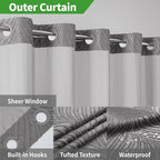 no Hook Shower Curtain and Liner Set，Boho Style with See Through Top Window, Grey Fabric Tufted Striped Textured Outer Curtain & Waterproof Inner Liner, Grey/Gray, 71Wx74H