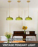 Vintage Glass Pendant Light，Green Flower Ceiling Pendant Light，Gold Adjustable Hanging Wire for Kitchen Island Dining Room Bedroom Hallway (10Inch - Green(D))