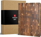 XINZUO Large Thick End Grain Acacia Wood Cutting Board- (19''L x 14''W x 1.5''T) Reversible Wooden Chopping Board with Non-Slip Feet, Built-in Handles and Juice Groove- Butcher Block Cutting Board