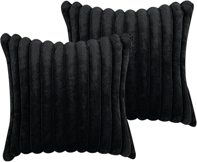 16x16 Throw Pillow Covers Set of 2, Decorative Faux Fur Covers for Bed, Couch Soft Fluffy Pillow Cover with Velvet Back for Living Room, Neutral Home Décor Accent for Sofa - Black