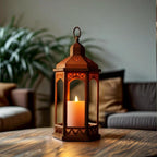LED Hexagon Lantern with Flameless LED Candle, Unique Shape and Pattern to Give an Upscale Garden Party Vibe. Suitable for Home & Outdoor Usage or Wedding.Battery Powered (Beige)