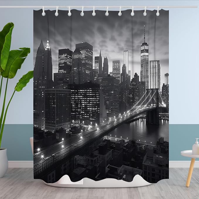 NYC Manhattan Brooklyn Bridge Shower Curtain New York Skyline Building Night View Shower Curtain Set with 12 Hooks 60x72 inch Polyester Machine Washable, Grey and White