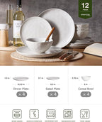 Famiware Dinnerware Sets for 4, Ocean Round 12-Piece Kitchen Plates and Bowls Sets, Microwave and Dishwasher Safe, Scratch Resistant, Matte White