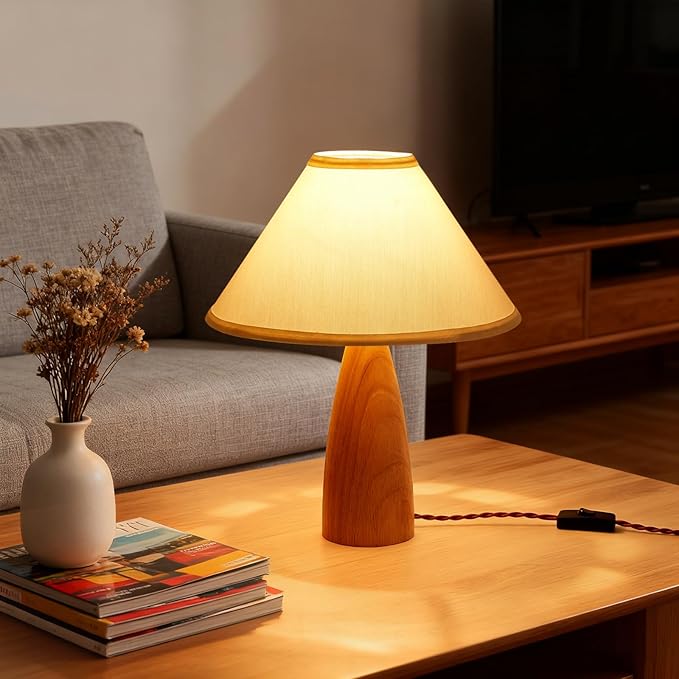Bedside Table Lamp for Bedroom, Mid-Century Modern Plug in Fabric Shade & Solid Wood Base Desk Lamp, Plug & Play Natural Wood Nightstand Lamp for Living Room, Office, Switch Power Cord 【Bulb Included】