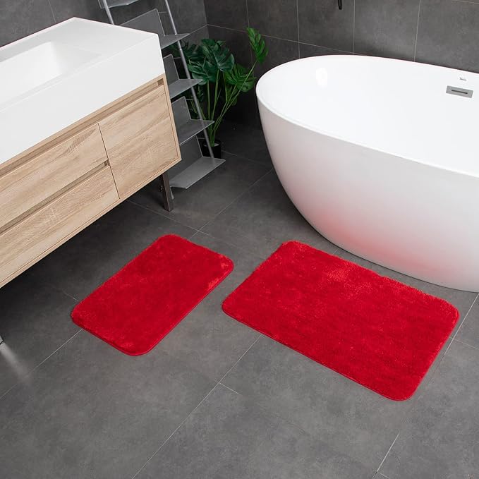 Microfiber Bathroom Rugs and Mats Sets 2 Piece,Non-Slip Bath Rugs, Machine Washable Absorbent Bath Mats for Bathroom Floor, Shower (Red, 16''x24'' Plus 20''x32'')