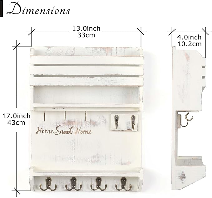 Key Holder, Wall Mounted Mail Organizer, Keys Holder on Wall with 9 Key Hooks, Cream-Colored