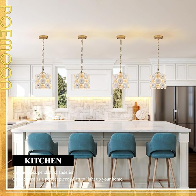 Gold Glass Pendant Light with White Ceramic Flowers, 1-Pack Luxury Small Ceiling Pendant Light Fixture 1-Light for Kitchen Island Sink Dining Room Entryway Hallway, E26