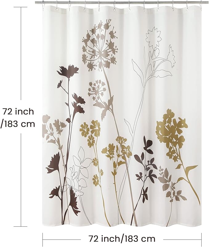 Floral Fabric Shower Curtain, Beige Brown Grey Plant Shower Curtains for Bathroom, Waterproof Bathroom Curtains, 72" W x 72" H