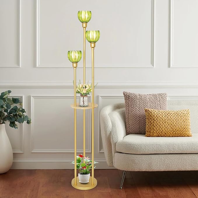 HMVPL Gold Floor Lamp for Living Room, Boho Floor Lamp with Shelves, Vintage Standing Lamp with Table, Brass Flower Tall Lamp with Green Glass Shade, On/Off Switch, Mid Century Corner Lamp for Bedroom