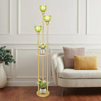 HMVPL Gold Floor Lamp for Living Room, Boho Floor Lamp with Shelves, Vintage Standing Lamp with Table, Brass Flower Tall Lamp with Green Glass Shade, On/Off Switch, Mid Century Corner Lamp for Bedroom