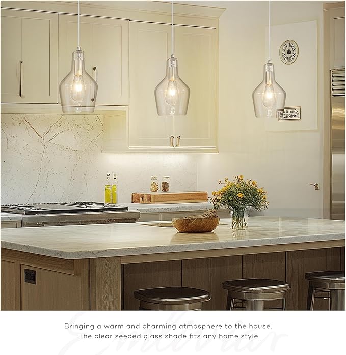 Emliviar 1-Light Modern Hanging Ceiling Light, Brushed Nickel Finish Kitchen Light Fixture, Adjustable Pendant Lighting with Seeded Glass Shade, DYE286G2-MIL BN