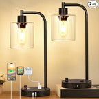 Set of 2 Industrial Table Lamps with USB Port, Fully Stepless Dimmable Bedside Lamps for Bedrooms, Nightstand Desk Lamp with Clear Glass Shade for Reading Living Room Office 2 LED Bulb Included