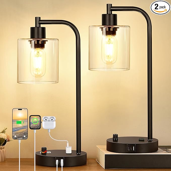 Set of 2 Industrial Table Lamps with USB Port, Fully Stepless Dimmable Bedside Lamps for Bedrooms, Nightstand Desk Lamp with Clear Glass Shade for Reading Living Room Office 2 LED Bulb Included