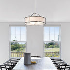 XiNBEi Lighting Pendant Lighting 18 inch 3 Light Drum Pendant Light with Fabric Shade and Glass Diffuser in Brushed Nickel, Classic Convertible Drum Chandelier for Living & Dinning Room XB-P1199-BN
