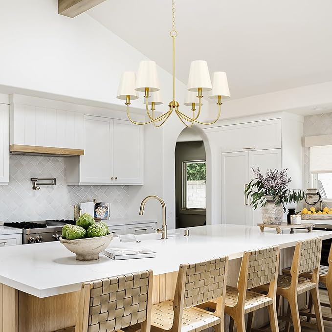 Gold Chandelier, Brushed Brass with Beige Fabric Shade, 6-Light 28" Modern Farmhouse Linear Pendant Lighting Fixture for Kitchen Island