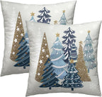 Christmas Tree Pillow Covers 18x18, Set of 2 Xmas Blue PineTrees Snowflakes Winter Holiday Decorative Pillow Protector Cases Square Cushion Cover for Sofa Couch Home Decor