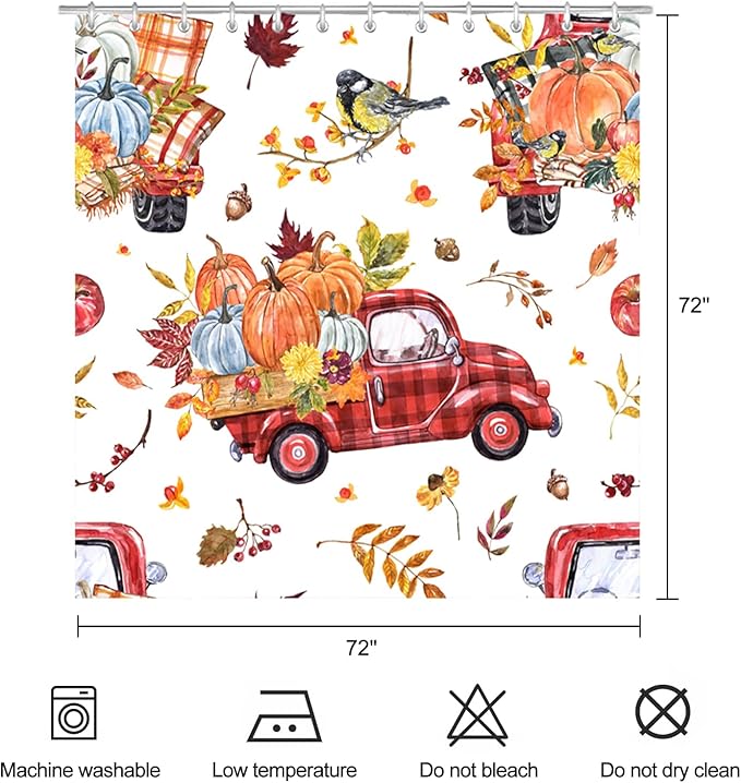 Fall Truck Pumpkin Shower Curtain Autumn Leaves Red Truck Farmhouse Harvest Thanksgiving Bathroom Curtains Waterproof Polyester Fabric Bath Curtain 72 x 72 Inch with 12 Plastic Hooks