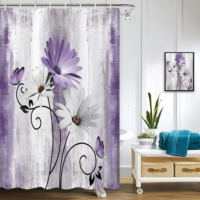 Rustic Farmhouse Shower Curtain, Farm Purple Daisy Floral Flowers and Butterfly on Country Wooden Shower Curtain for Bathroom, Violet Grey Bathroom Shower Curtains with 12PCS Hooks, 48X70IN