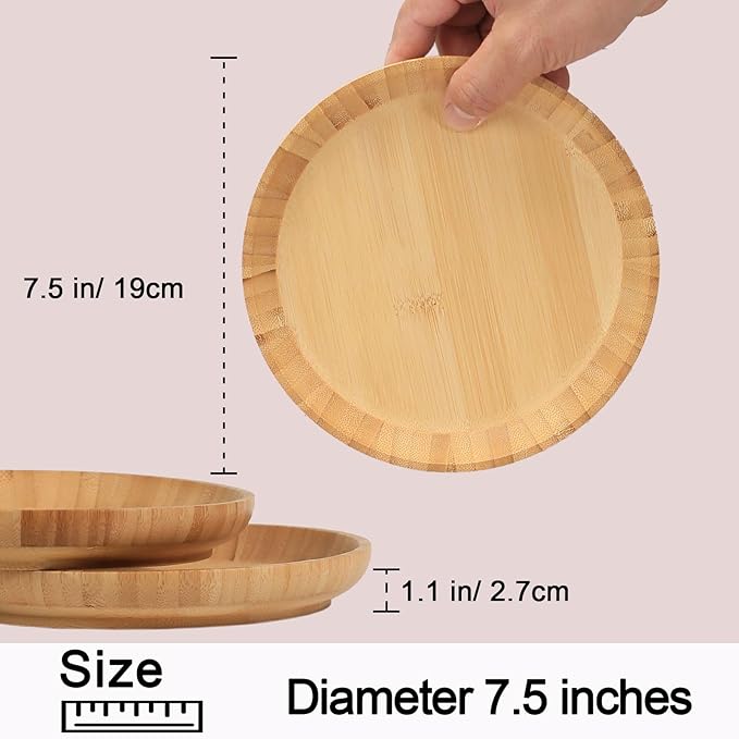 Bamboo Dinner Plates Set of 2, 7.5-inch Wooden Serving Plates with Raised Edges for Snack/Dessert, Round Lightweight Dishes Doubles as Pasta Bowls for Fruit/Salads, Wide and Shallow