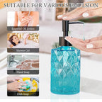 Clear Ocean Blue Glass Soap Dispenser with Plastic Pump, 2 Pack 12oz Diamond Design Bathroom Soap Dispenser for Hand Wash, Lotion Dispenser & Dish Soap Dispenser for Kitchen and Bathroom