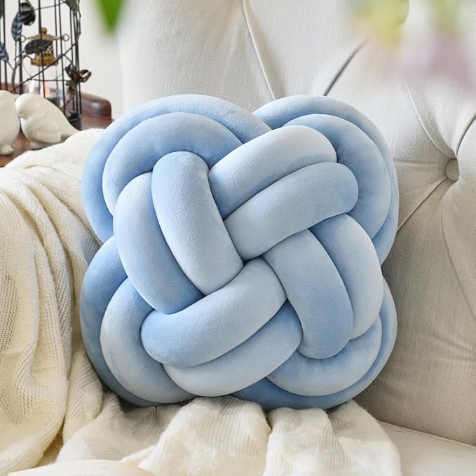 Xuyier Knot Pillow Ball, Decorative Throw Pillows with Velvet Fabric for Couch Bed, 12" Decor Knotted Square Floor Pillow Cushions for Living Room (12 Inches, Dusty Blue)