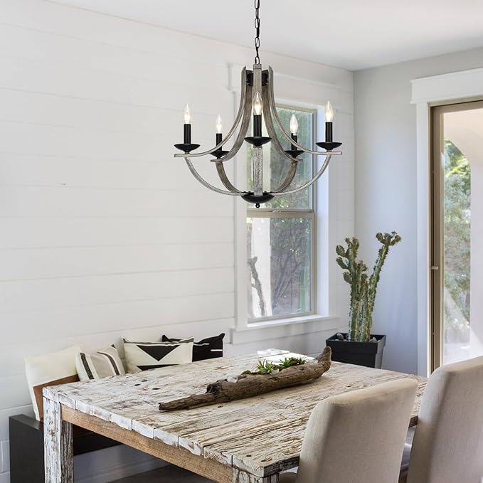 Rustic Chandeliers for Dining Room Light Fixture, 5-Light 24 inch Faux Wood Texture Hanging Lighting Fixtures,Farmhouse Candle Chandeliers for Living Room Kitchen Island Foyer Entryway